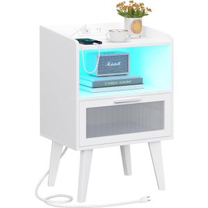 Nightstand with Ajustable LED and Desighed Drawer for Bedroom, End Table with Charging Station, Side Table with Open Compartment for Living Room, White LNT001W