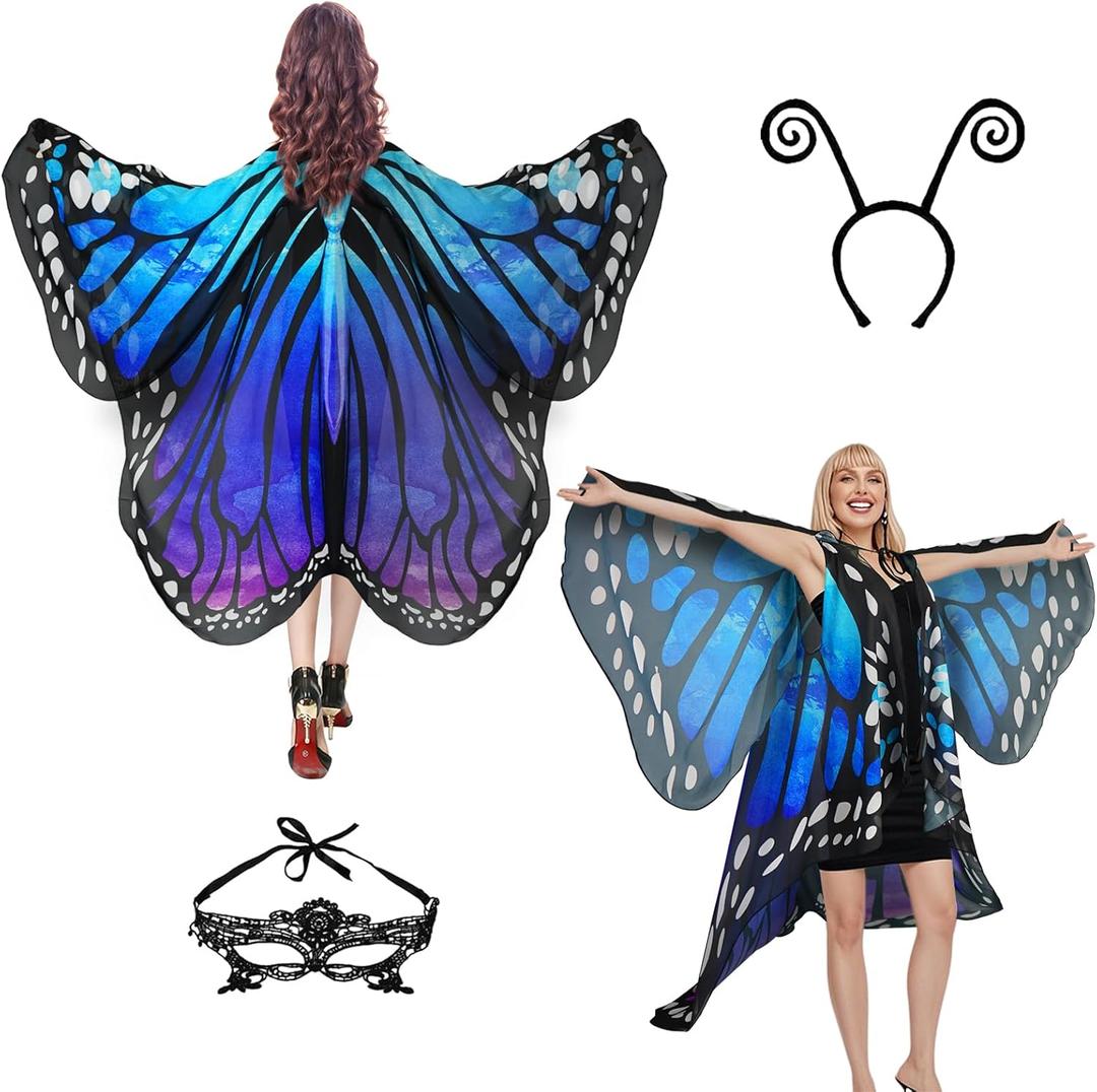 Halloween Costumes Woman 2025-Butterfly Costume Wings Cape with Lace Mask and Headband for Women Adult (Double Layer Blue Purple)