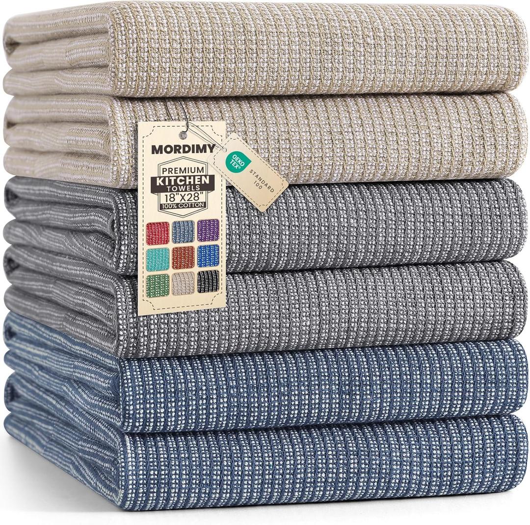 Mordimy Premium Kitchen Towels 6 Pack (18 x 28 Inches, Multicolor), Large Cotton Kitchen Hand Towel, Flat & Terry Dish Towels for Drying Dishes, Super Absorbent Tea Dishtowels Set with Hanging Loop