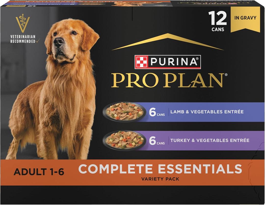 Purina Pro Plan Complete Essentials Wet Dog Food, Lamb and Vegetables and Turkey and Vegetables in Gravy Variety Pack - (Pack of 12) 13 oz. Cans (EXP 03/31/28)