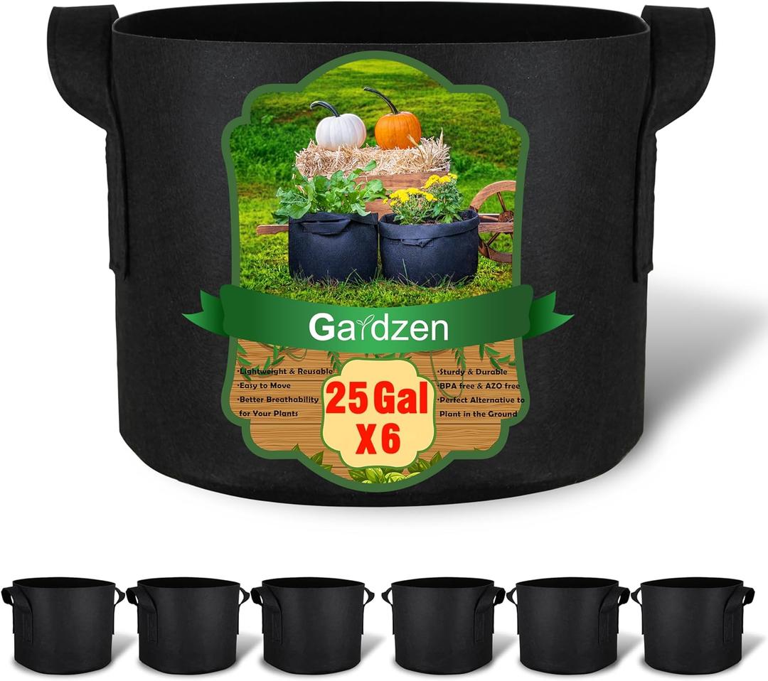 Gardzen 6-Pack 25 Gallon Grow Bags, Aeration Fabric Pots with Handles, Heavy Duty Cloth Pots for Plants (25 Gallons)
