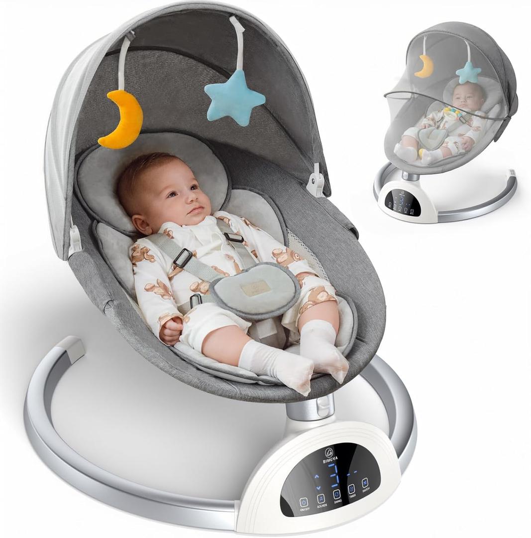 BIMUVA Baby Swing, Electric Baby Swing for Infants to Toddler, Bluetooth Baby Rocker with Music Speaker, Protable Bouncer for Baby, 5 Sway Speeds 3 Seat Positions, Remote Control for Indoor, Boy, Girl