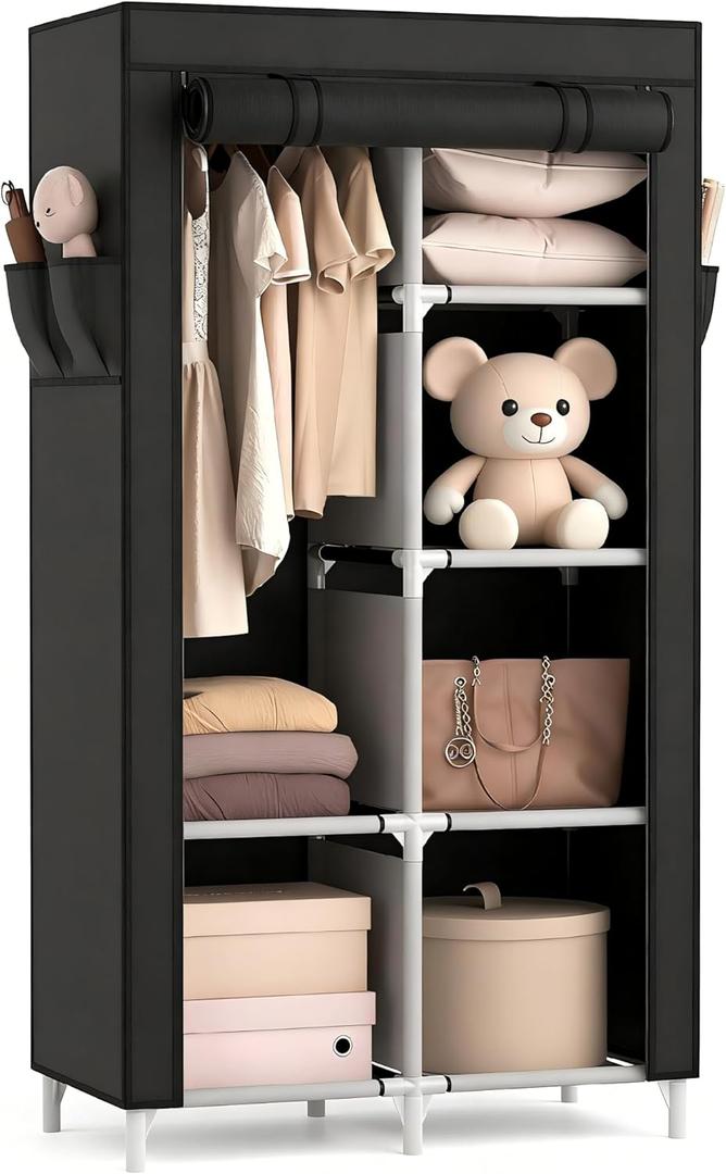 ROJASOP Portable Closet Wardrobe Closet for Hanging Clothes with 6 Storage Shelves, 1 Hanging Rod and 4 Pockets, Clothes Organizer and Storage Wardrobe Free Standing Closet for Bedroom, Black