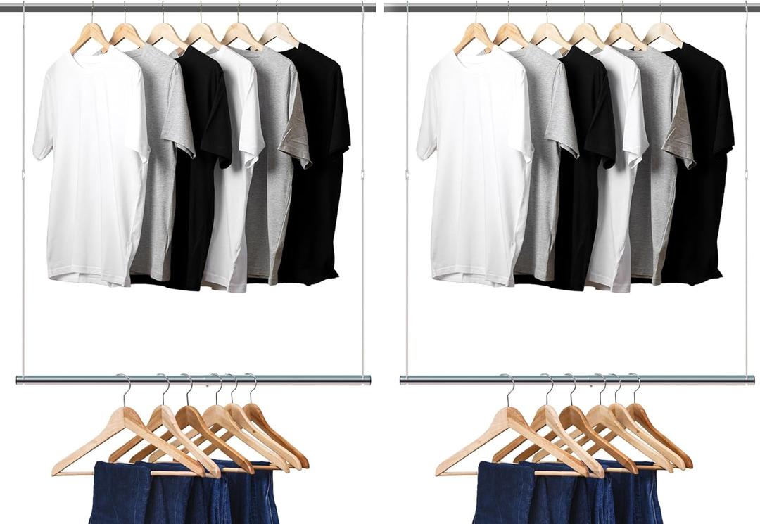 Hanging Closet Rod, 17-29In Adjustable Width and Up to 37In Height Adjustable Closet Rod Extender, Double Closet Rods Hanging Bar, Space-Saving Tension Hanging Organizer, Chrome, 2 Pack