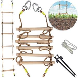 Wooden Rope Ladder for Kids with Ground anchoring - Lenght 6.5'(2m) Width 16"(40cm) - Outdoor or Indoor Climbing Rope Ladder for Ninja Slackline, Backyard, Playground, Home Gym, Park, Treehouse