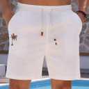 Men's Cotton Shorts Drawstring Waist Embroidered Tree Summer Vacation Beach Shorts (Medium, White)