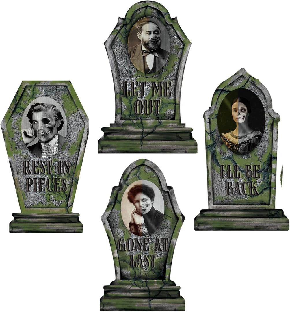 Hiboom 4 Pcs Halloween RIP Graveyard Tombstones with 4 Pcs 3D Changing Face Moving Picture Frame 16.7x13.8 Inch Large Halloween Tombstones Decoration for Yard Garden Lawn(Moss)