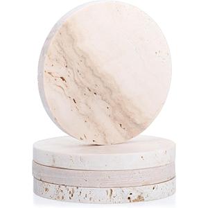 Marble Coasters Set of 4, Natural Travertine Stone Drink Coasters Round Modern Stone Cup Mat 4 Inch with Non-Slip Cork Backing Housewarming Gift for Wedding Christmas Anniversary Present