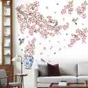 Cherry Blossom Wall Decals for Bedroom: Peel and Stick X-Large Pink Flower Bird Tree Branch Wall Stickers - Living Room Bathroom for All Adult