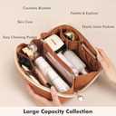 Prite Makeup Bag for Women Travel Waterproof Vegan Leather Cosmetic Bag Open Flat Toiletry Bag With Clear Divider and Handle (New Brown, Medium)
