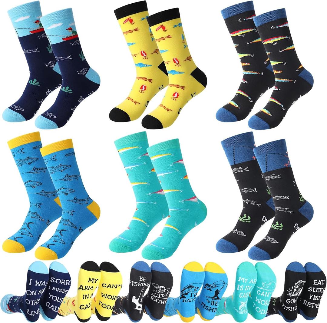 2 x Jspupifip 3/6 Pairs Funny Fishing Socks for Men, Novelty Cotton Crew Sock
