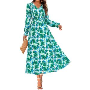 MASCOMODA Womens 2025 Fall Long Sleeve Floral Maxi Dress Casual Smocked V Neck Boho A Line Flowy Long Wedding Guest Dresses (Floral White Green) Small 