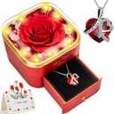 Preserved Red Real Rose with Heart Necklace -Eternal Flowers Rose Birthday Gifts for Women Wife Mom Girlfriend Grandma Gifts Idea on Christmas Valentines Mothers Day for Her-Red