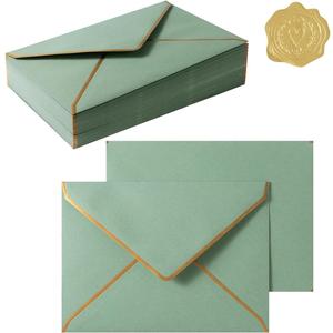 50 Pieces A7 Envelopes with Gold Border, 5.24 x 7.21 Inches Envelopes with Gold Stickers for Greeting Cards and Invitation (Sage Green, A7-5x7)