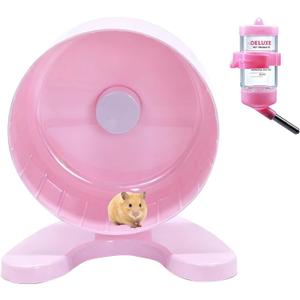 6.5" Super Silent Hamster Wheel with Stand & Water Bottle  Ultra Quiet Exercise Running Wheel for Gerbils, Syrian & Dwarf Hamsters, Chinchillas, Small Pets  Noiseless Spinning Design, Pink