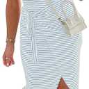 NOLLSOM Women Casual Sleeveless Striped Tank Midi Dresses Halter Neck Ruched Bodycon Dresses Tie Waist T Shirt Summer Dress (Small)