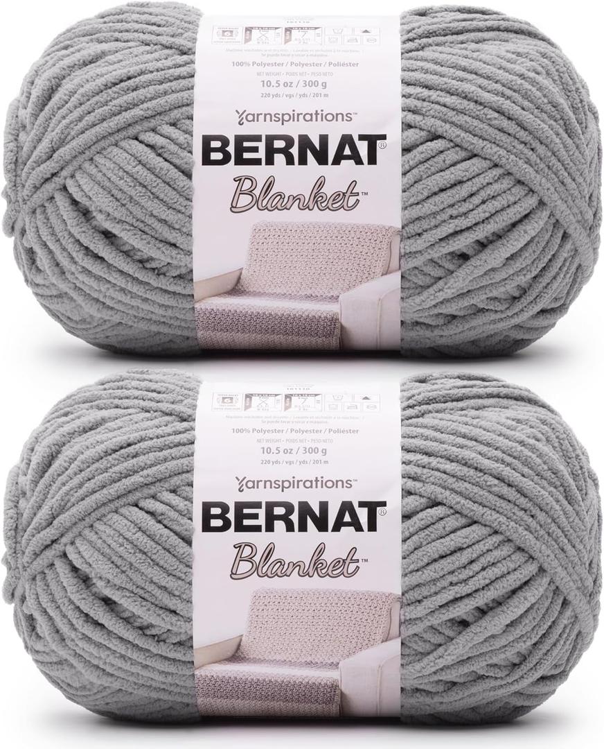 Bernat Blanket Super Bulky Acrylic Yarn - 2 Pack of 300g/10.5oz #6 Chunky Chenille Heavy Weight Yarn for Knitting and Crocheting, Amigurumi, Thick Blankets (Vapor Gray, 220 Yards 2-Pack)