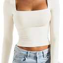 SUUKSESS Women Square Neck Long Sleeve Tops Double Lined Going Out Basic Full Length T Shirts (White,L)