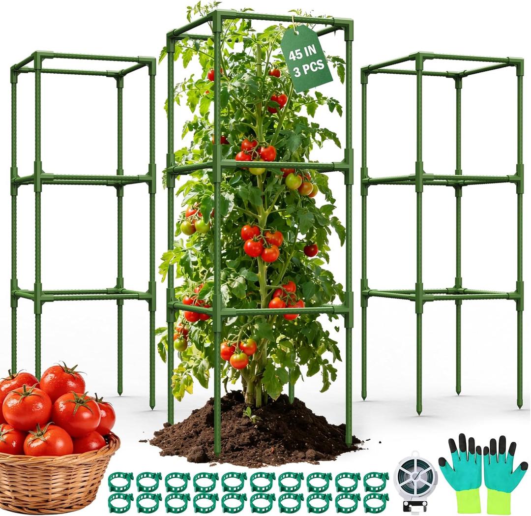 Uyittour 3 Pack Square Tomato Cages for Garden, 45" Heavy Duty Tomato Trellis Plant Support Cages for Raised Garden Bed Climbing Vegetables, Set with Garden Gloves, 20 Clips & 65FT Tie Wire