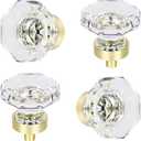 Clear Glass Crystal Cabinet Knobs Satin Brass, Gold Pulls and Knobs for Cabinet Dresser Drawer(4 Pcs, Octagon)