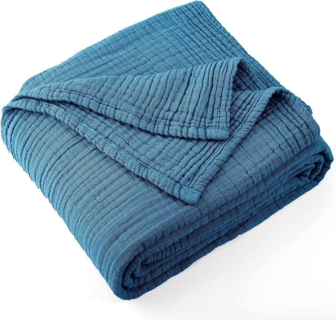Carriediosa 100% Cotton Muslin Throw Blanket 108" X 90" King Size4-Layers Summer Gauze Throws for Bed CouchSoft Lightweight Breathable Linen Blankets Bedspread for Adults All SeasonDusty Blue