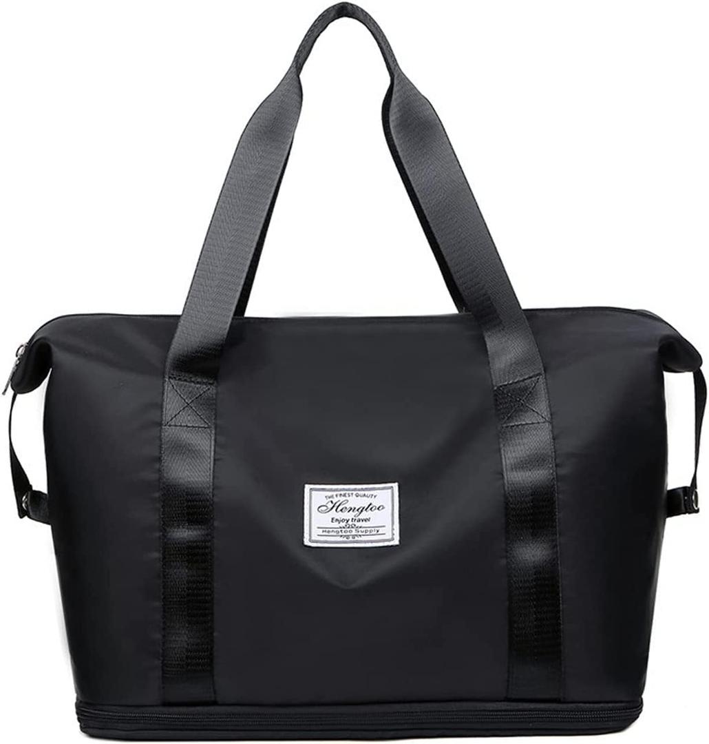 High-Capacity Double-Layer Wet Separation Travelling Bag, Large Capacity Folding Travel Bag, Foldable Travel Duffel Bag, Travel Lightweight Waterproof Carry Luggage Bag, Black, Travel Accessories