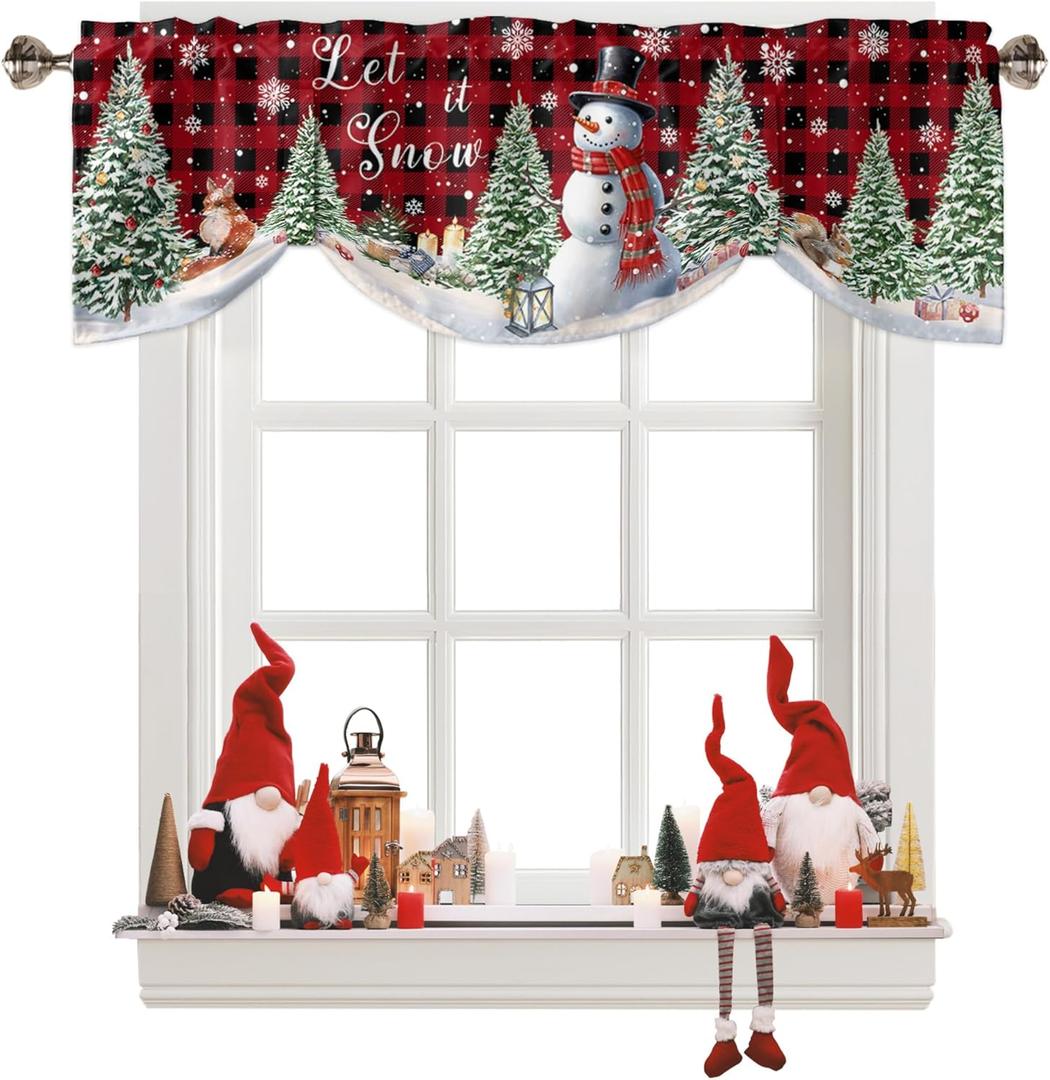Christmas Tie Up Window Valances for Kitchen, Snowman Rod Pocket Curtain Valance Let it Snow Black Red Buffalo Plaid Window Topper Decor Xmas Tree Valance Curtains for Living Room, Bedroom, 54" x 18"