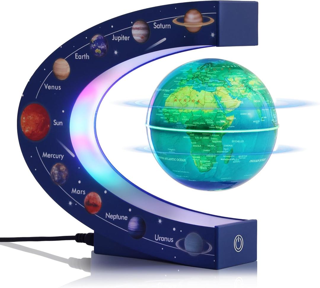 Magnetic Levitation Floating Rotating 3in Globe With Colored Lamp For Men Boss Cool Office Decor Gifts Or Kids Desk Toys,Nine planetary solar systems astronomy educational cosmic earth globe (Blue Light-Up Color-Changing (9 Planets))
