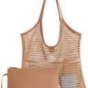 Missnie Women Mesh Beach Bag - Sandproof Foldable Summer Tote Leather Hobo Purse with Pouch for Vacation, Travel Essentials (One Size, Brown)