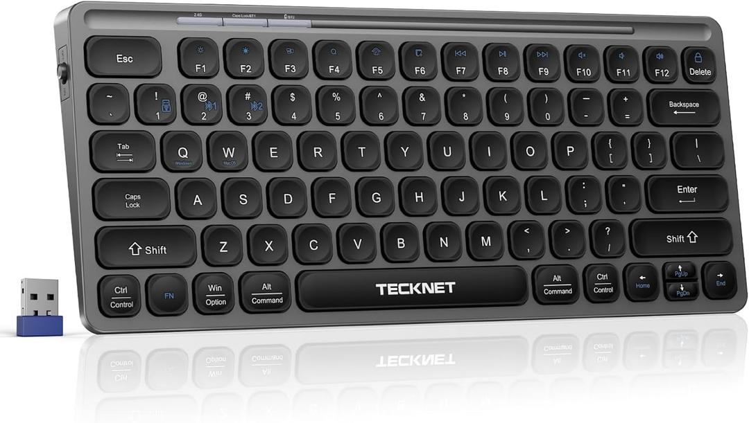 TECKNET Wireless Bluetooth Keyboard, Travel Rechargeable Keyboard (2.4G+BT 5.0), Multi-Device Easy-Switch, Quiet Typing, Silent Portable Cordless USB Computer Keyboards for Windows Laptop PC, Gray
