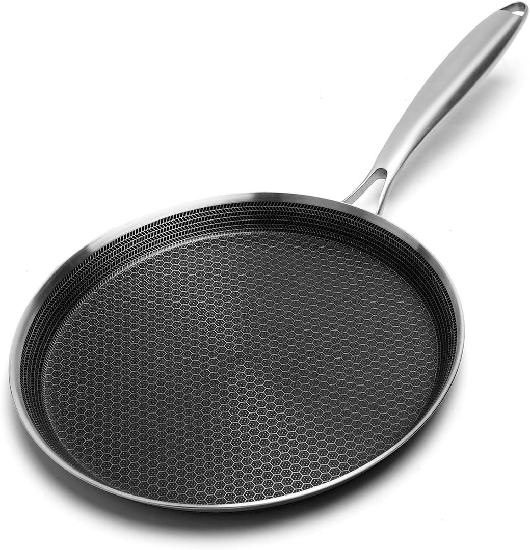 Nonstick Crepe Pan 12 inch Stainless Steel Crepe Pan Honeycomb Coating Flat Skillet Tawa Dosa Tortilla Pan, Induction Compatible (12inch)