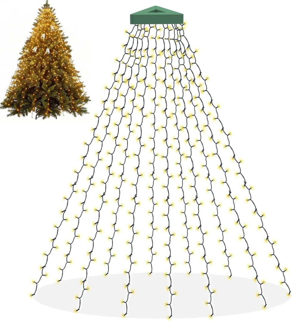 Christmas Tree Lights, 400 LED Cascading Twinkle Waterfall Lights with 8 Light Modes & Memory Function, 6.6FT x 16 Lines Outdoor Xmas Light for Christmas Tree Toppers Decoration - Warm White