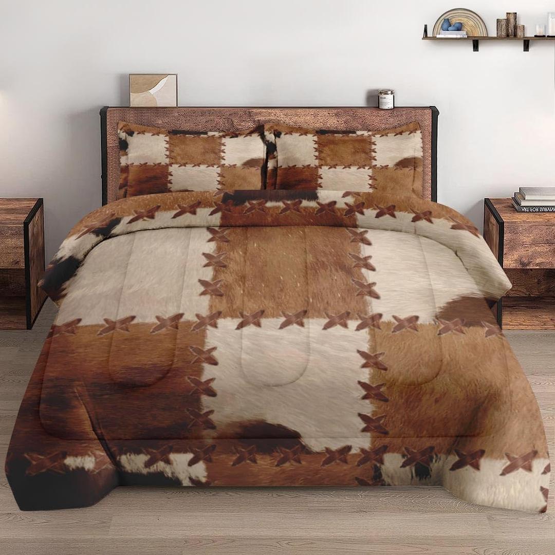 Queen Size Comforter Set with 2 Pillowcases, Retro Vintage Rustic Cow Print Soft 3 Pcs Bedding for Kids and Adults Bedroom Bed Decor (Vintage Cowhide)
