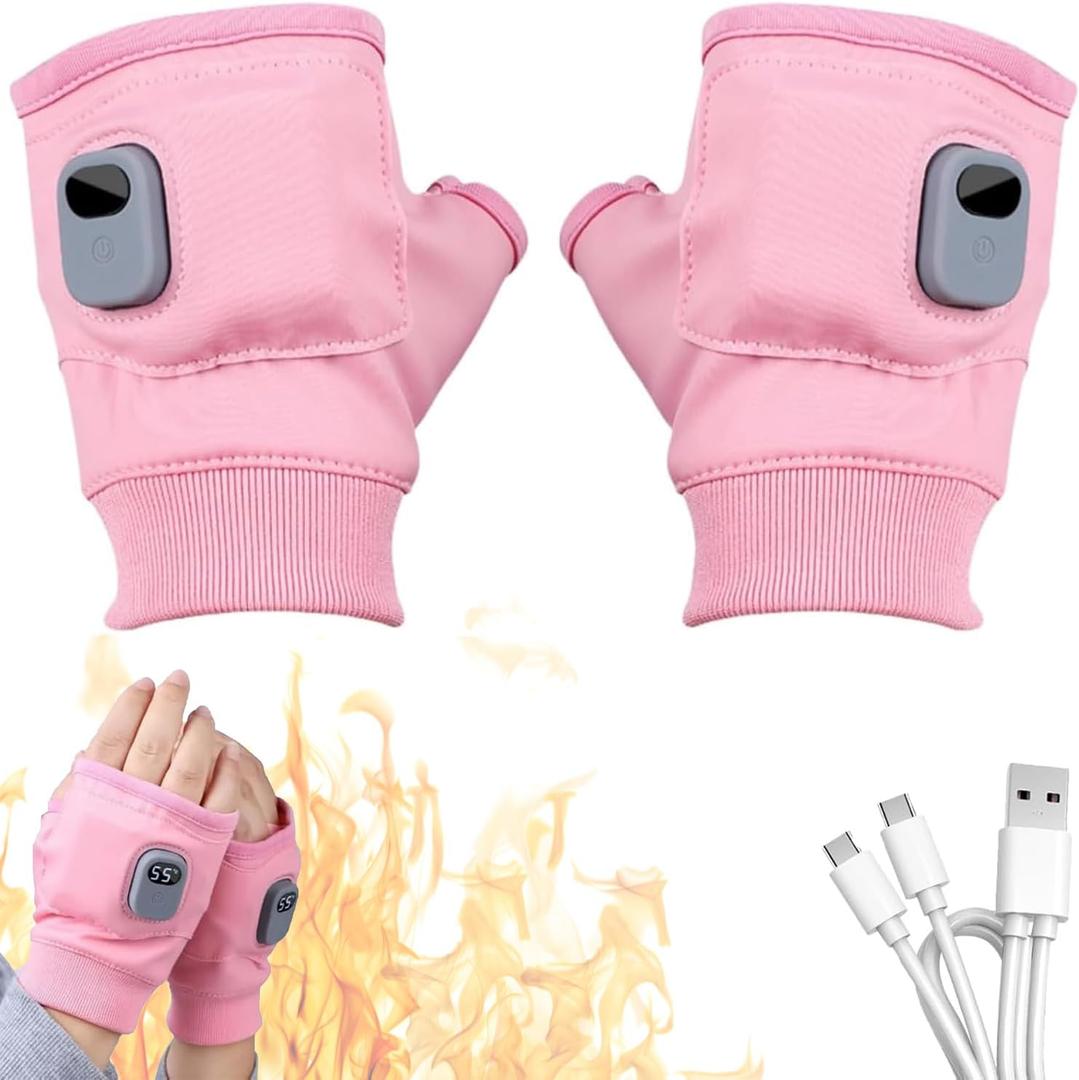 Portable Heated Gloves for Women, Smart Thermostatic Electric Heated Fingerless Gloves Rechargeable Heated Gloves with Digital Display, Hand Warming Gloves for Work Cycling Skiing Outdoor Snow (Pink)