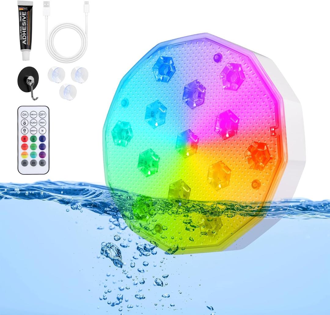 Cadrim Pool Lights, Rechargeable Submersible LED Lights with Remote Underwater Lights IP68 Waterproof 16 Colors Changing Floating Lights for Pool, Fishbowl, Bath, Party, Fountains, Vase 1 Pack