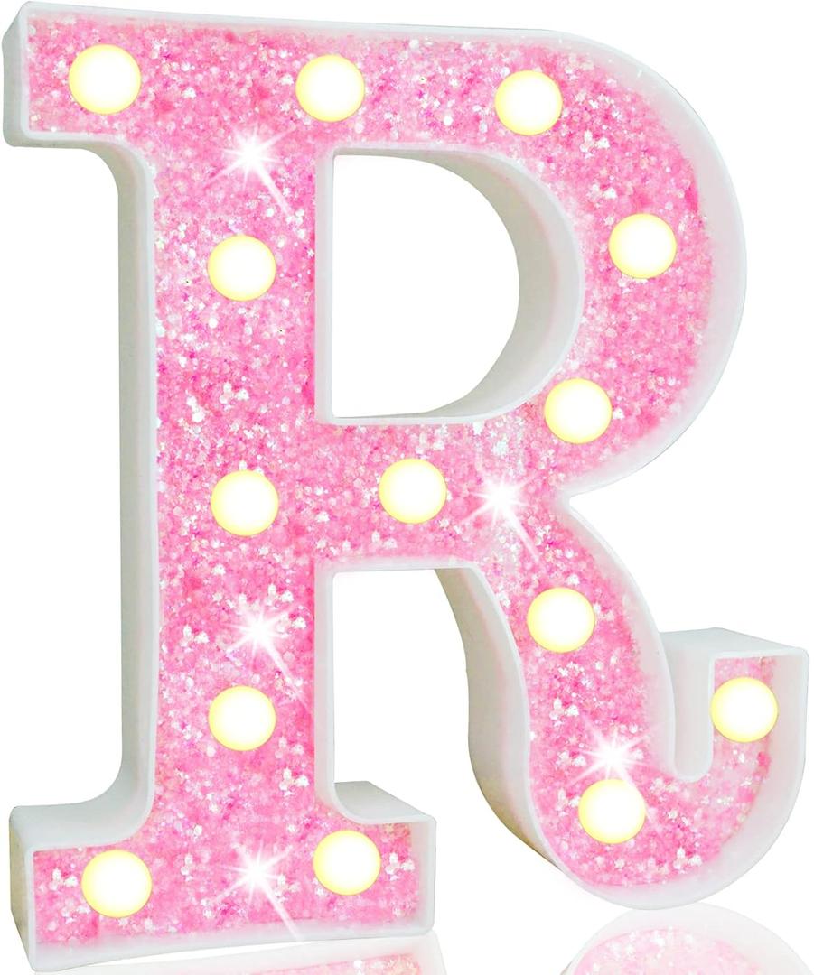 Pooqla LED Marquee Letter Lights, Pink Glitter Light Up Letters Alphabet Sign Battery Powered Night Light, Birthday Party Wedding Girls Gifts, Christmas Room Dorm Bedroom Decoration, Pink Letter R