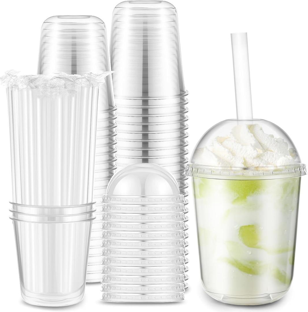 Ziliny 50 Set Clear Plastic Cups with Dome Lids and Straws Sturdy & Food Safe Disposable U Shaped Cups for Cold Drinks Smoothie Milkshake Bubble Tea Juice Cocktail Iced Coffee Party(12 oz)