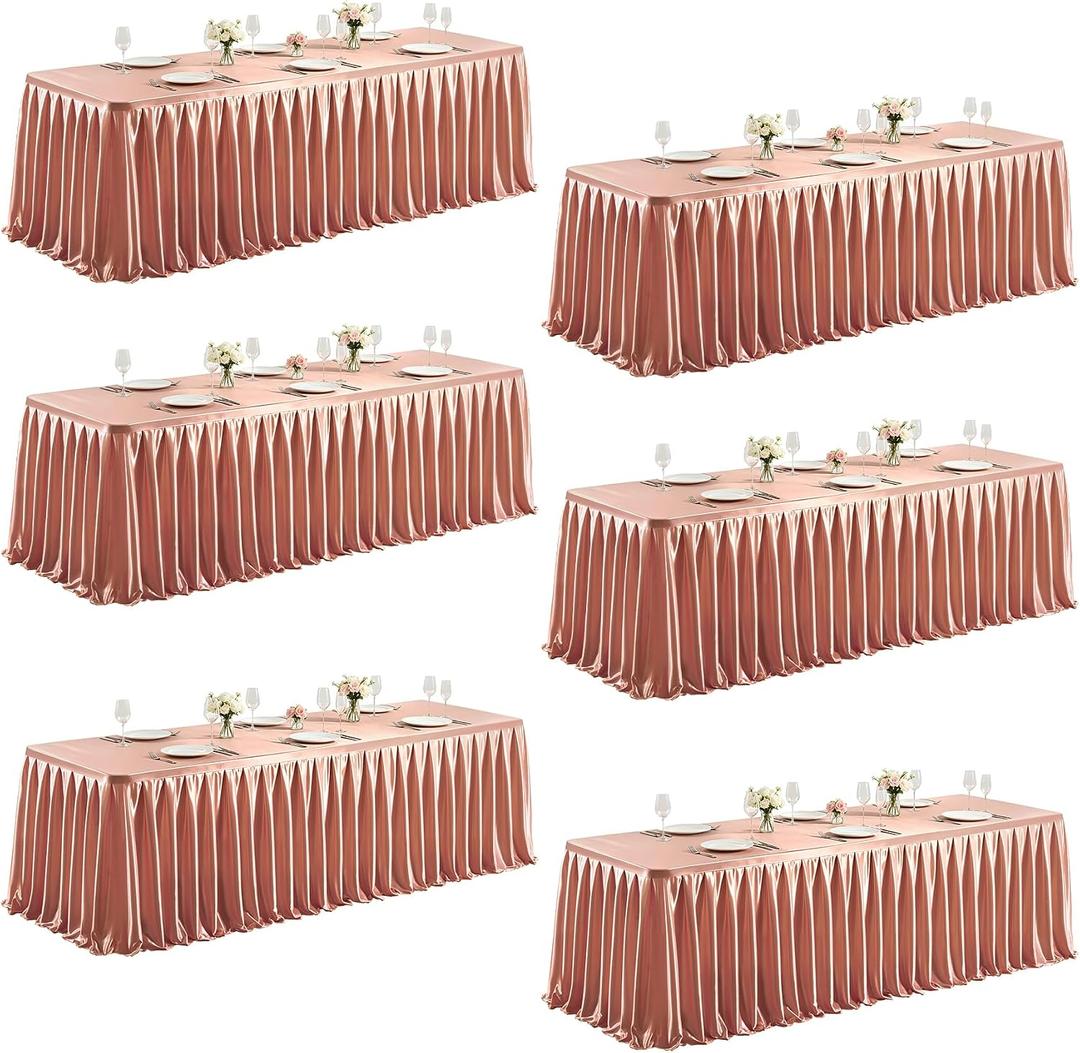 6 Packs Dusty Rose Satin Tablecloths Rectangle 8FT, Glitter Spandex Fitted Stretch Table Covers Wrinkle-Free Floor Length Shimmer Table Skirt for Weddings Parties Baby Shower Banquets Vendor Events