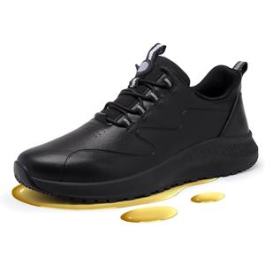Non Slip Work Shoes for Men Slip on Waterproof Kitchen Chef Restaurant Walking Sneakers Comfortable Food Service Working Footwear Leather Nursing Shoe (8.5 Wide, Black)