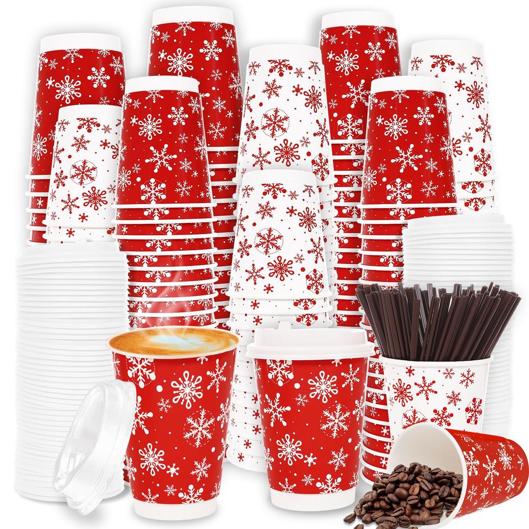 60 Count Snowflake Paper Cups 12 oz Christmas Paper Cups Disposable Red Snowflake Coffee Cups with Leak Proof Lids and and Stirrers Extra Thick Insulated Beverage Cups for Hot & Cold Liquids