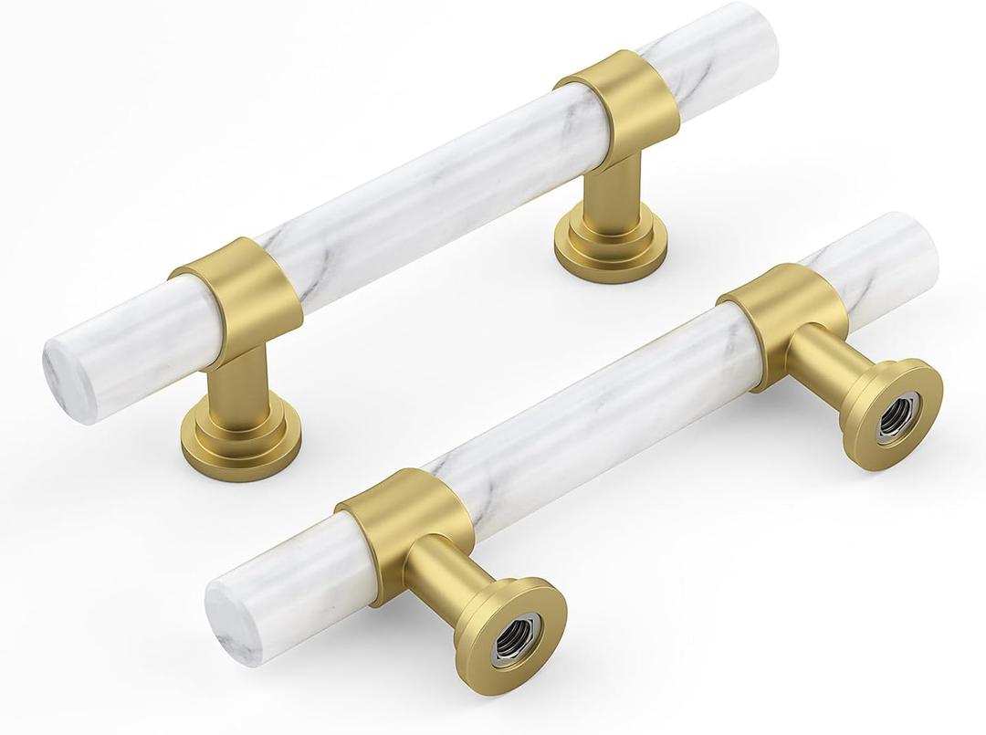 Haliwu 10 Pack White Marble Cabinet Pulls, 2 Tone Cabinet Handles Marble Grain and Gold Pulls, 3 inch Kitchen Hardware Drawer Handles (Hole Center Spacing76mm (3 inch))