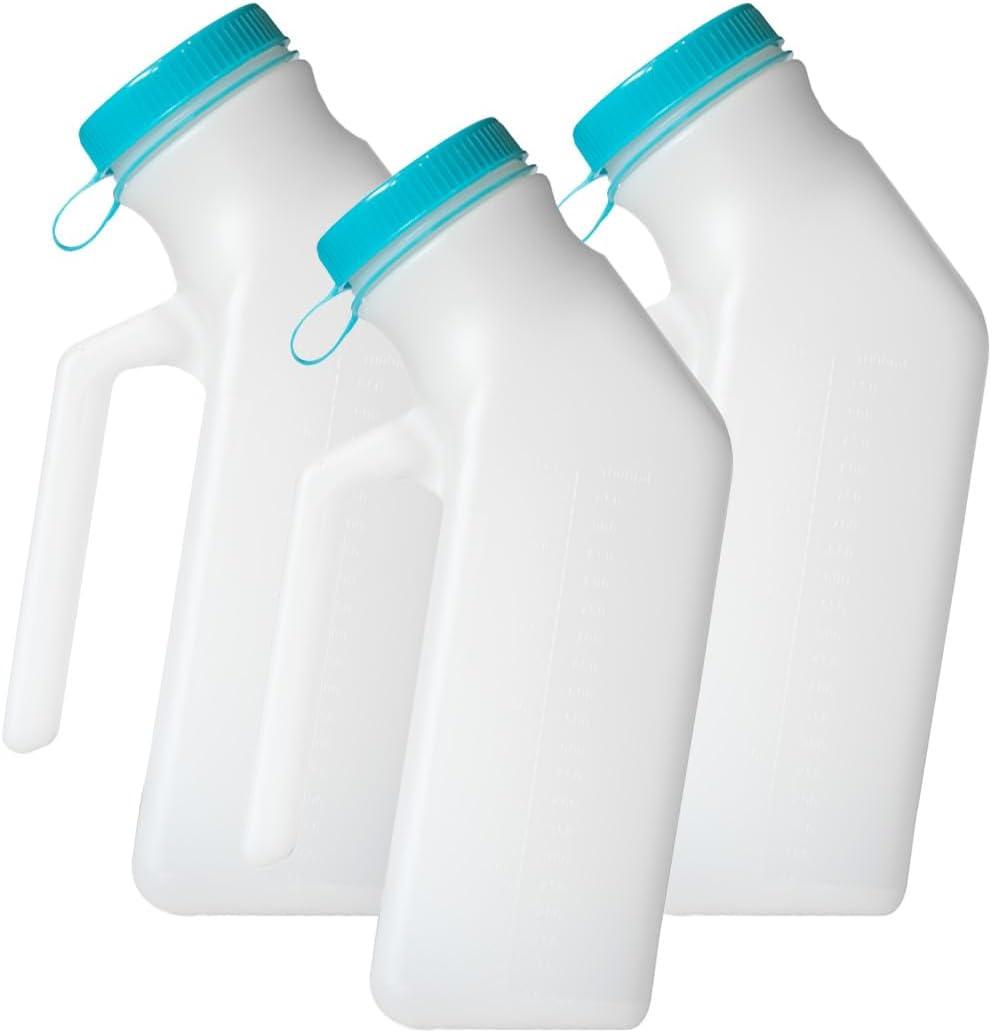 MedVance- Urinals for Men 1000ml with Glow in The Dark Spill Proof Pop Cap Lid, Plastic Pee Bottles for Men, Male Urinals, Pee Container Men, Portable Urinal for Car, Elderly & Incontinence (3 Pack)