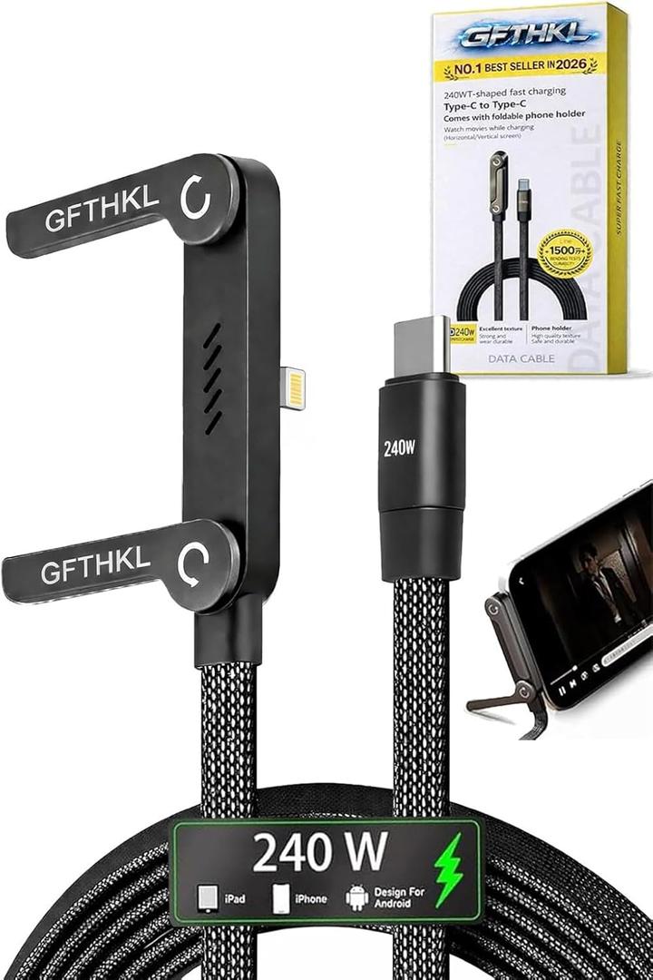 Invisible Holder Charger Cable, 240W Super Fast Charging with Stand, Built-in Phone Support Fast Charging Cord, Type C Braided Design for Gaming Office Travel (C to Lightning)