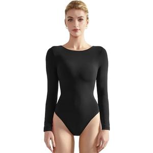 SUUKSESS Women Crew Neck Long Sleeve Bodysuit Sexy Thong Bodysuit Shirts Size S
