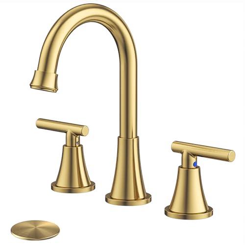 Bathroom Faucets for Sink 3 Hole, Hurran Brushed Gold Bathroom Sink Faucet with Pop-up Drain and Supply Lines, Stainless Steel Lead-Free Widespread Faucet for Vanity RV Farmhouse Sink