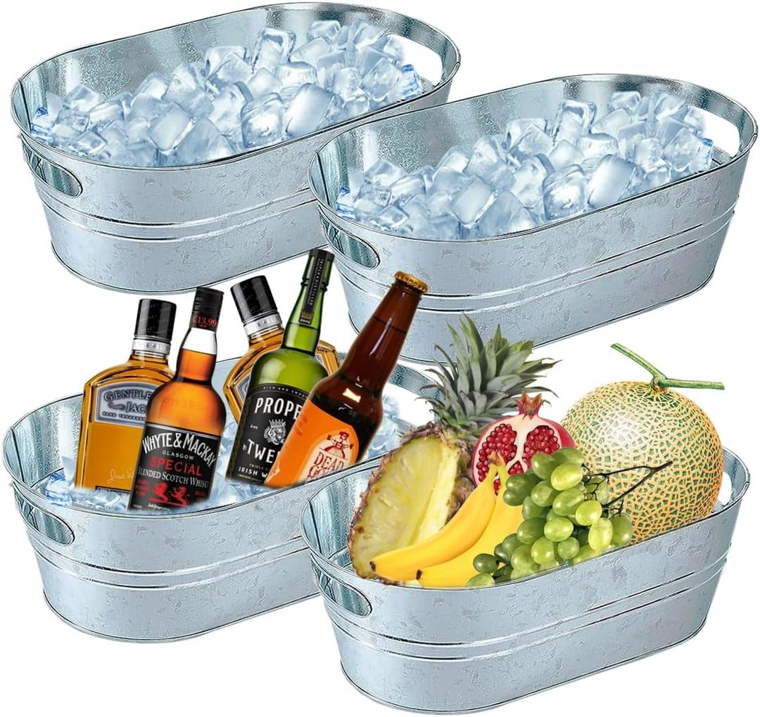 4 Pack Galvanized Tub 3.1 Gallon Ice Bucket Large Metal Drink Buckets for Parties Beer Beverage Tub with Carry Handles for Champagne Cocktails Cooling for Mimosa Bar Supplies