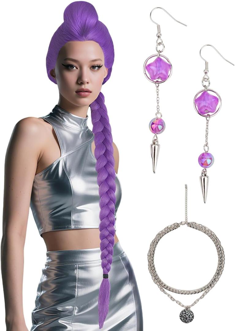 Half and Half Purple Braid Ponytail Wig + Necklace + Earrings 41.3'' Long Braided Purple Anime Cosplay Wig for Women Party Halloween Costumes