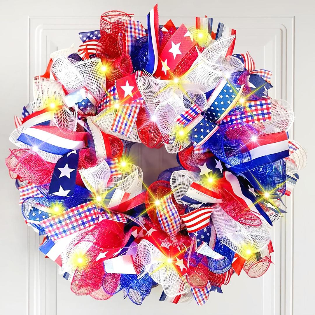 17.72 Inch 4th of July Wreath with Light Patriotic Wreaths for Front Door Mesh Red White Blue Memorial Day American Flag Star Decorations for Independence Veterans Day Home Indoor Outdoor
