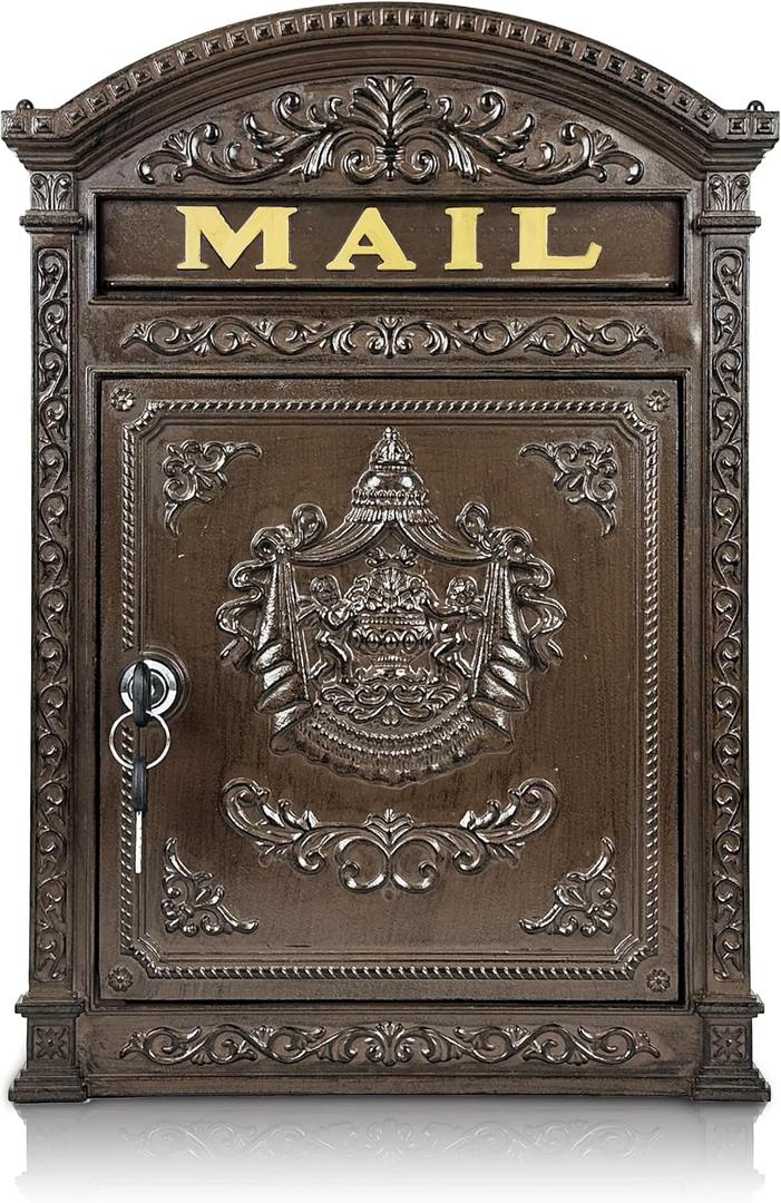 Vintage Lockable Mailbox, Heavy Duty Cast Aluminum Wall Mount Mailbox, Weatherproof Decorative Mail Box for Outside, Bronze Finish, Large Capacity