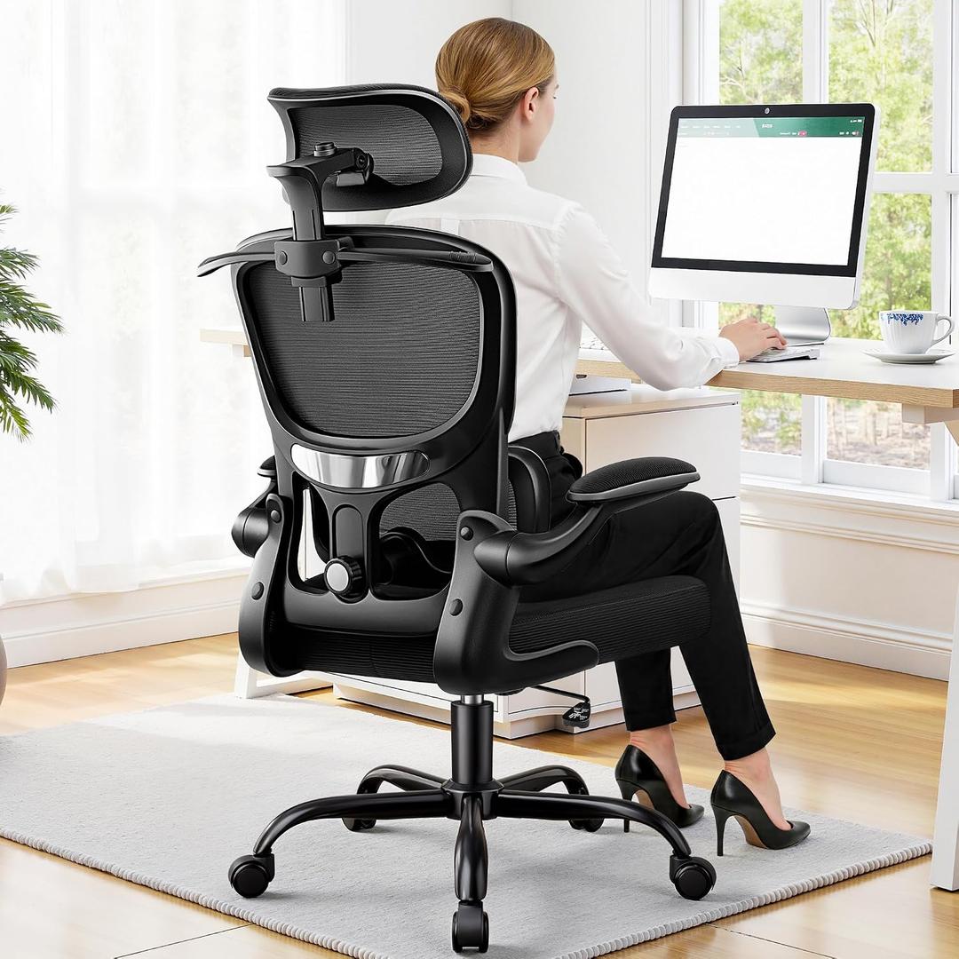 ALLGOD Ergonomic Office Chair, Mesh Desk Chair with Lumbar Support, High Back Home Office Chair with Adjustable Headrest and Flip-Up Arms, Comfortable Computer Chair, Thick Cushion, 300 LBS, Black